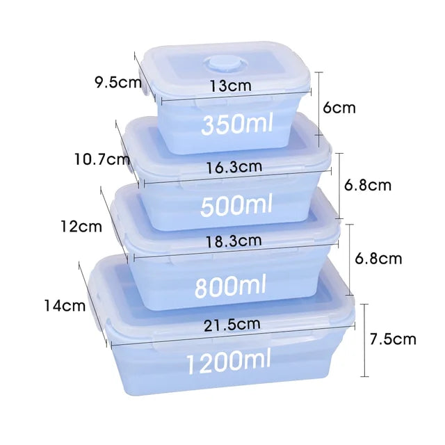 4Pcs/Set Silicone Rectangle Lunch Box Collapsible Bento Box Folding Food Container Bowl 300/500/800/1200Ml for Dinnerware